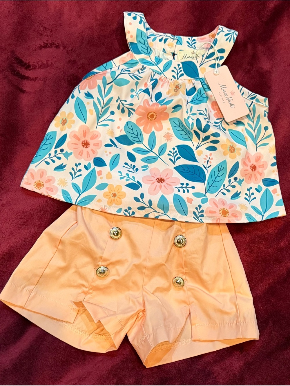 Marmellata Floral Sleeveless Top & Peach Button Shorts Set